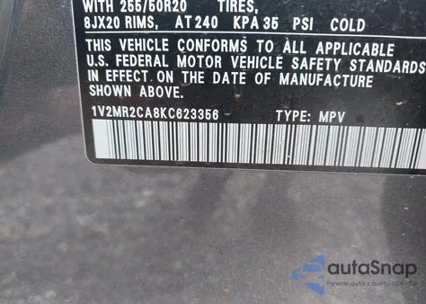 2019 Volkswagen Atlas 3.6L V6 Sel z USA, uszkodzony, nr VIN 1V2MR2CA8KC623356